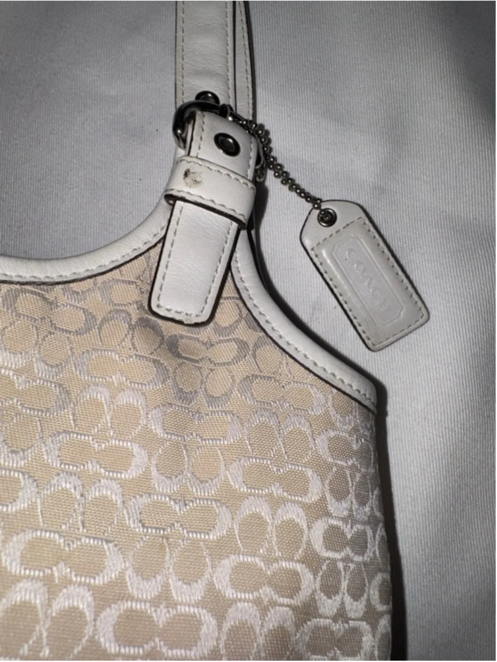 Coach Signature Jacquard Tote Cream White Leather Shoulder Bag Y2K